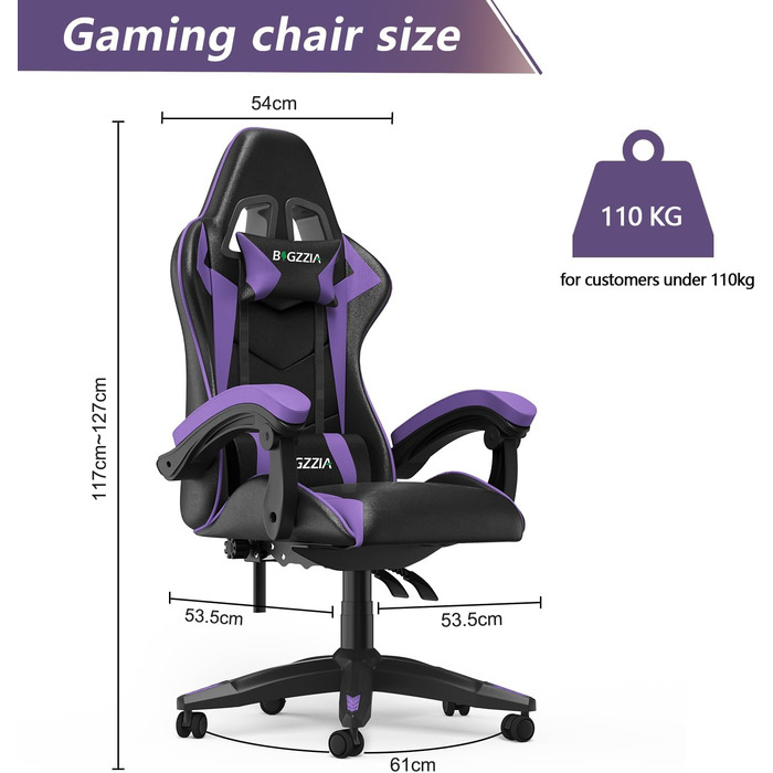 Ігровий крісло Bigzzia Ergonomічне, для підлітків та дорослих, з підголовником та підлокітниками (фіолетовий)