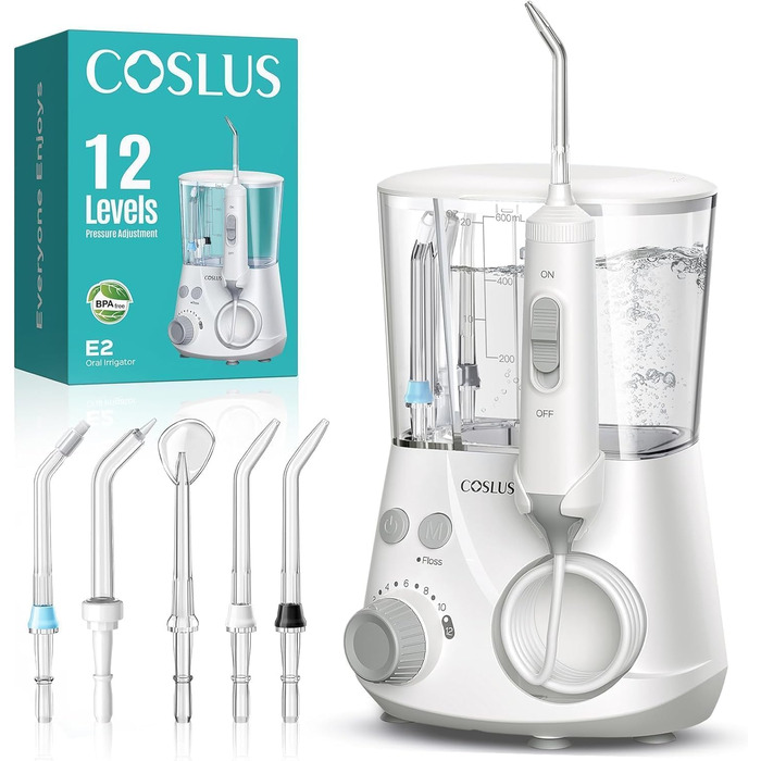 COSLUS Електрична іригатор для порожнини рота з 2 режимами та 12 рівнями тиску – 600 мл резервуар для води. Підходить для сімей, ентузіастів орального здоров'я та пацієнтів з ортодонтичними конструкціями. 5 насадок, чорно-білий колір.
