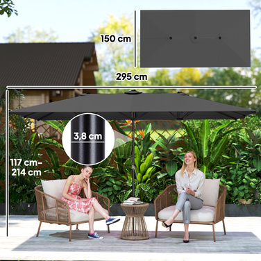 Великий сонцезахисний парасоль з регулюванням висоти та кута нахилу, 150x295x170-214 см, сірий