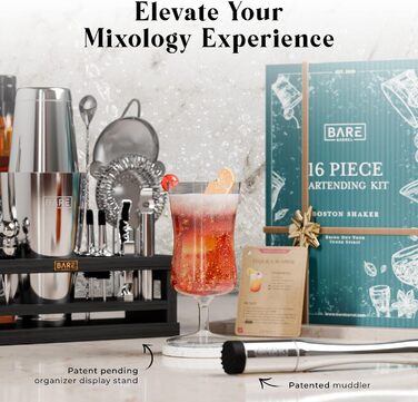 Набір бармена BARE BARREL® Mixology: 16 предметів для приготування коктейлів | Шейкер для Мартіні | Набір барного посуду для дому | 35 рецептів | Подарунковий набір (793.8 г Boston Shaker, срібний/чорний, 28oz)