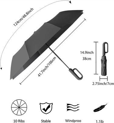 Велика, штормова парасолька з 10 ребрами, захист від ультрафіолету, автоматичне відкриття/закриття, 106 см, чорний
