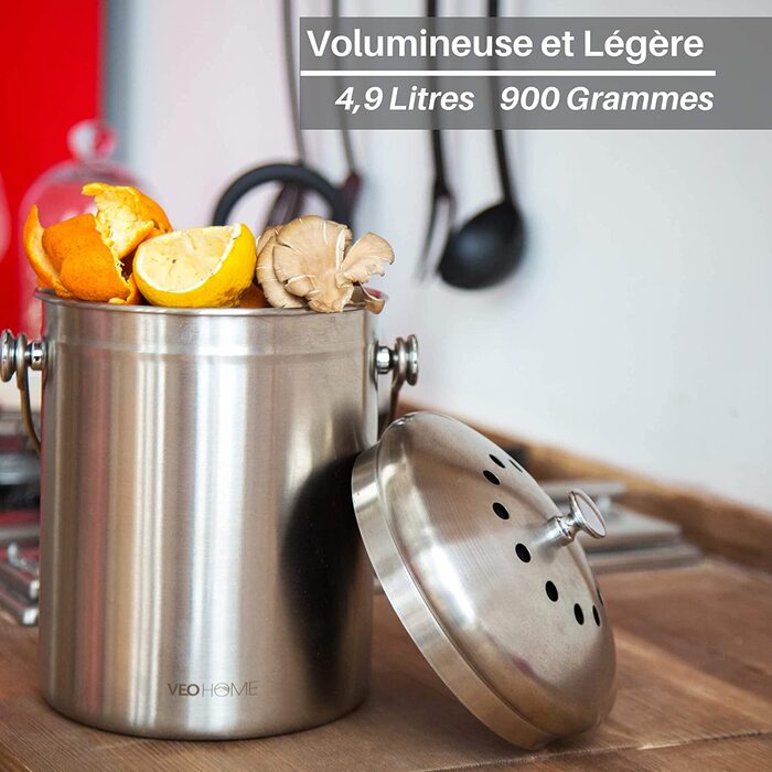Кухонне відро для компосту VeoHome з вугільним фільтром (5 л) - Нержавіюча сталь, 100 герметична, для видалення запаху з органічних залишків їжі в домашніх умовах