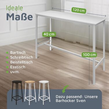 Барний стіл BeFair з дуба та білого кольору, 120x40x100 см, з підніжкою, індустріальний дизайн, металеві ніжки – комфорт та стабільність