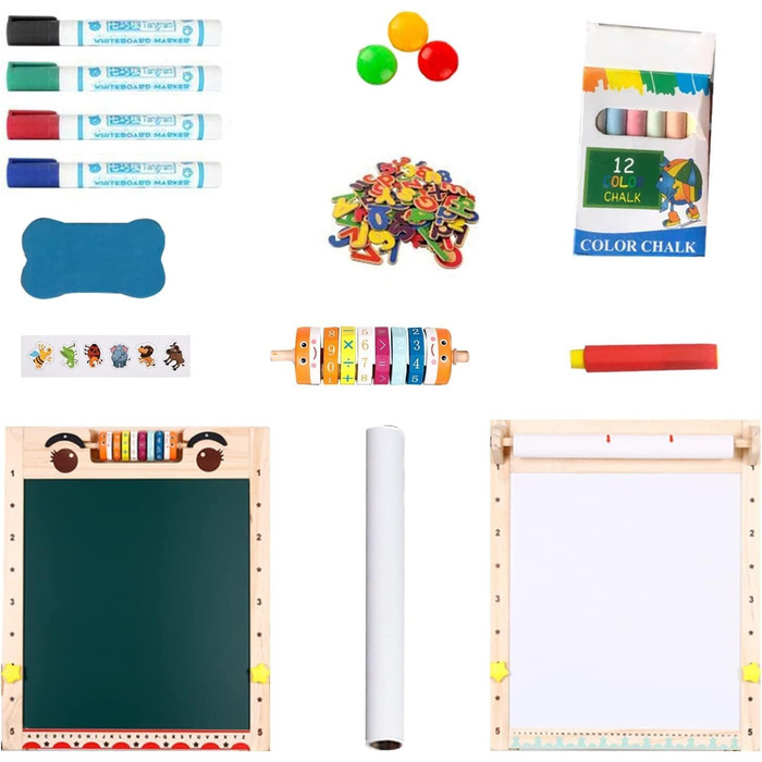Дитяча мольберт Kinder Tafel з регулюванням висоти, двосторонній, з паперовою рулонною дошкою, літерами та цифрами, аксесуарами для дітей 2-8 років