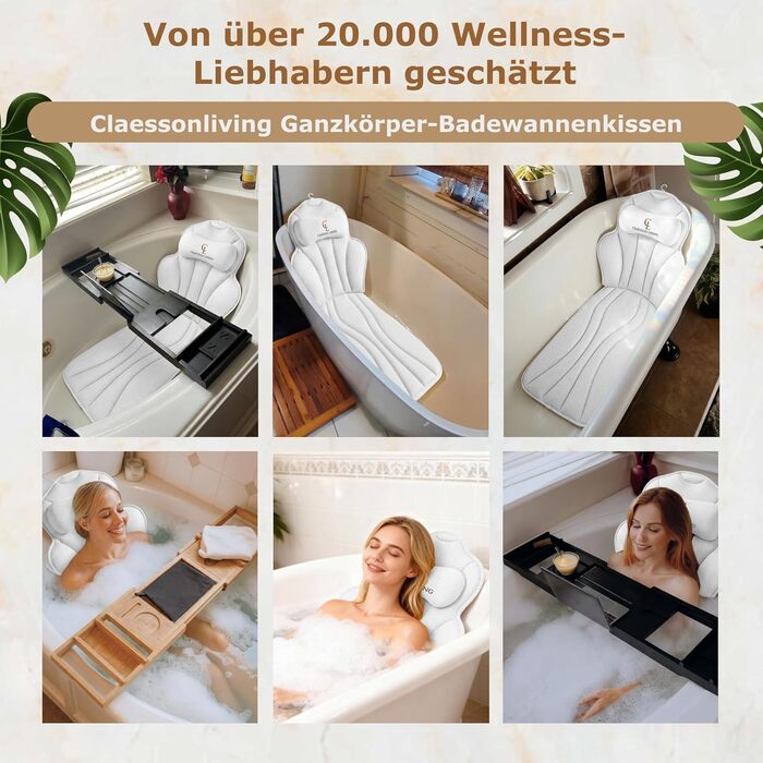 Подушка для ванни повне тіло (152x56 см) з підголівником (11 см) - біла. Підтримка шиї, спини та ніг. З сумкою для прання та подорожей, гачком для сушіння.