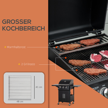 Газовий гриль Outsunny BBQ з 3 пальниками, 3 кВт, мобільний гриль-візок з колесами, сітка для гриля, бічні столики, редуктор, шланги 121 x 55 x 109 см | Aosom