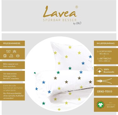 Комплект постільної білизни Lavea-Стелла 135 х 200 см 80 х 80 см.Дизайн Зірка колір барвистий 100 бавовна. Висока якість із застібкою-блискавкою. Сертифікований за стандартом GOTS / Bio. 135 х 200 80 х 80 см різнокольоровий