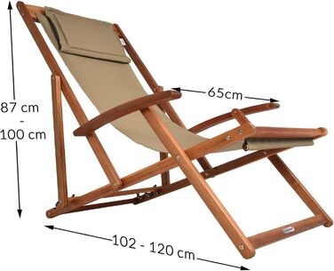 Лежак для відпочинку Casaria® з дерева, вологостійкий, складний, регульований, 160 кг, підлокітники, подушка для шиї, для саду та балкону, акація, 94x94x60 см (бежевий)