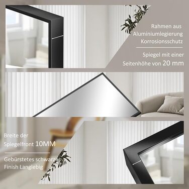 Дзеркало настінне Spiegel Schwarz 40x160 см з чорною рамою. Повнорозмірне дзеркало для спальні, вітальні або ванної кімнати. Прямокутне дзеркало з алюмінієвою рамою 40L x 160B cm