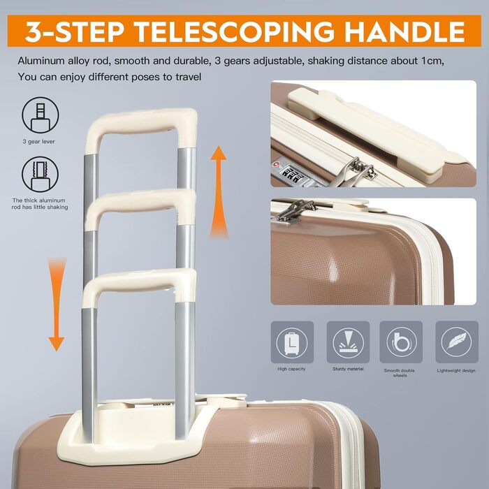 Набір валіз Joyway 3 в 1 з жорстким корпусом, 4 колеса, TSA-замок, косметичка та сумка, коричнево-білий, ручна поклажа