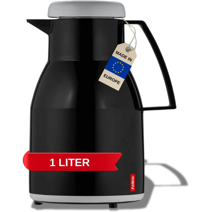 Термос Wash Thermoskanne чорного кольору 1л, зберігає напої гарячими та холодними до 6 годин, з подвійним скляним вкладишем, щільний гвинтовий ковпачок, придатний для миття в посудомийній машині