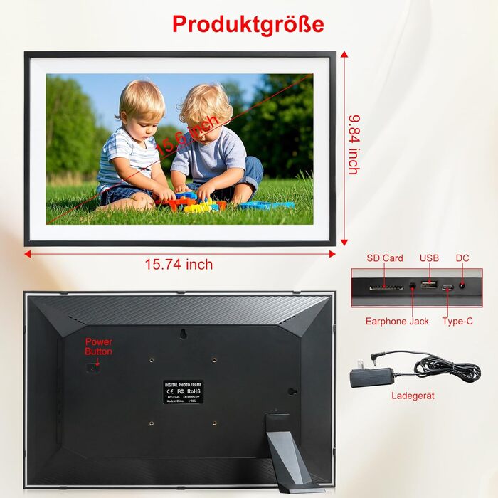 Цифровий фоторамка Frameo 15.6 дюймів: Wi-Fi, FHD IPS сенсорний екран, 32GB, автоматичне обертання, віддалене завантаження фото та відео, кріплення на стіну