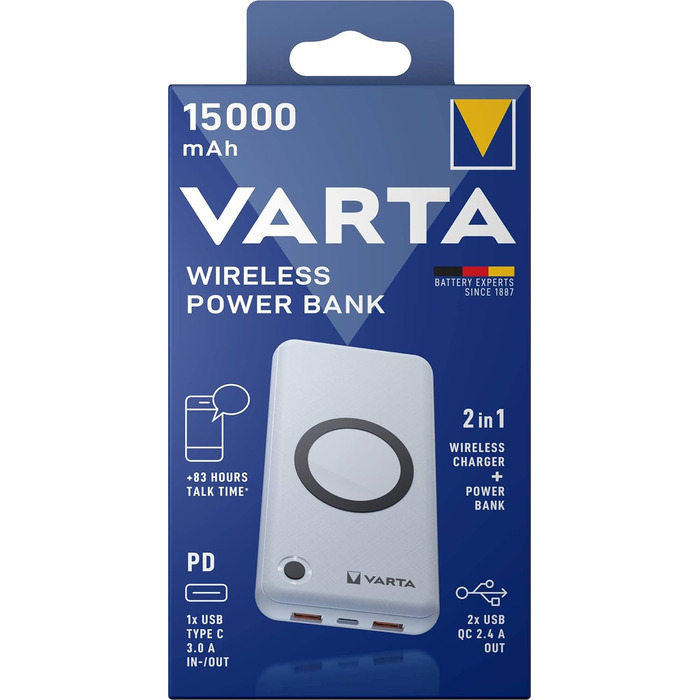 Бездротовий зарядний пристрій VARTA 2in1, 15000 мАг, LED-дисплей, заряджає 4 пристрої, в т.ч. кабель USB-C, білий