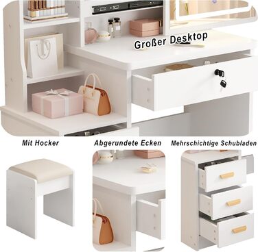 Дзеркальний туалетний столик DATO з LED-підсвічуванням, 3 колірні температури та регулюванням яскравості, з пуфом, 5 шухляд та 3 полиці, розсувний дзеркало