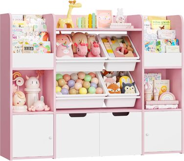 FOREHILL Дитяча полиця для іграшок та книг, стелаж для дитячої кімнати з 4 ящиками, рожевий (126x30x104 см)