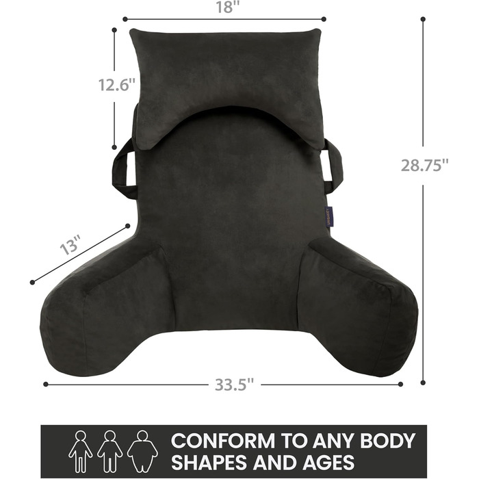 Підлогове крісло для читання з підголівником (Oeko-Tex), м'яке спинне крісло з підлокітниками та кишенями для дорослих, зручне ліжко-крісло з Memory Foam для гуртожитку (Сірий, Преміум Великий)