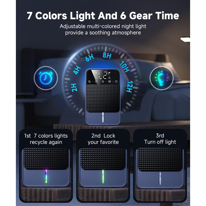 Електричний осушувач повітря 1800 мл з тихою роботою, функцією відтавання та автовимкнення, 7 кольорових підсвіток, портативний осушувач для спальні, ванної кімнати, підвалу, продуктивність 560 мл/24 год