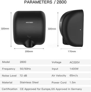 Anydry 2800 Klassisch: Електричний сушар для рук AnyDry, автоматичний, чорний, з нержавіючої сталі, 1400-1650W