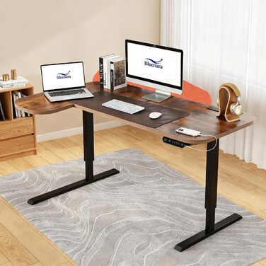 Електричний кутовий стіл з регулюванням висоти 150 см, L-подібний, з 4 пам'яттю, спліт-плита, для дому та офісу (150x68 см, коричнево-помаранчевий)