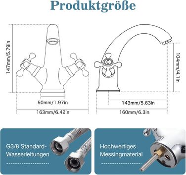 Змішувач для ванної кімнати з двома ручками, хром, з міді, ретро стиль, G3/8 | Змішувач для умивальника