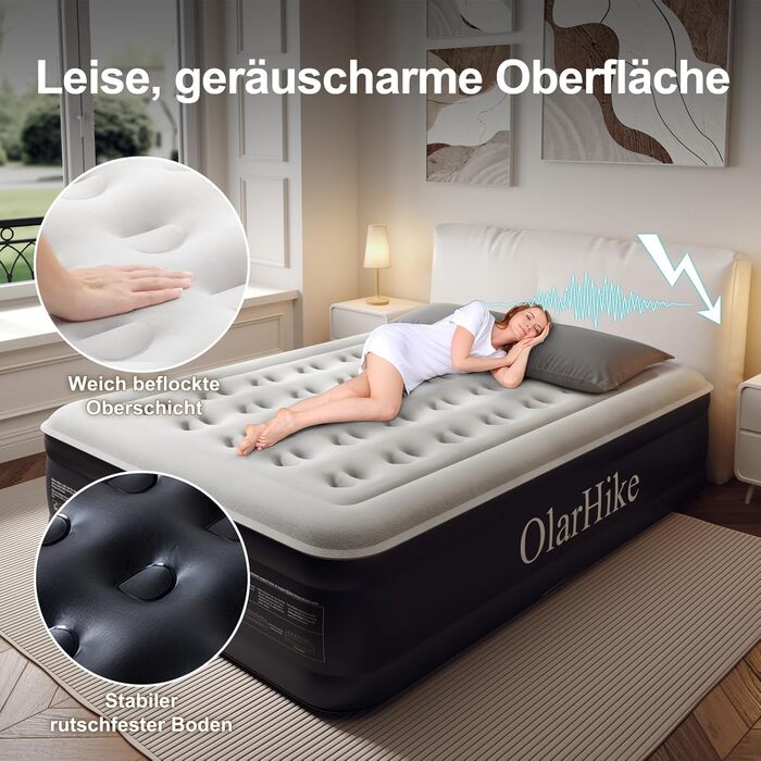 Надувний матрац OlarHike для кемпінгу та дому - 203 x 152 x 46 см, чорний, на 2 особи, XL