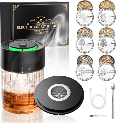iDiskk Набір для копчення коктейлів: електричний димогенератор для віскі, бурбон, міксологія, вбудований запальник, 6 дерев'яних стружок