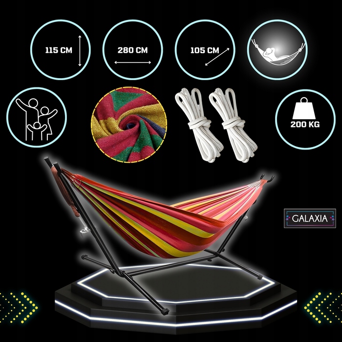 Гамак без стійки GALAXIA, червоний, навантаження до 200 кг, 280 x 150 см