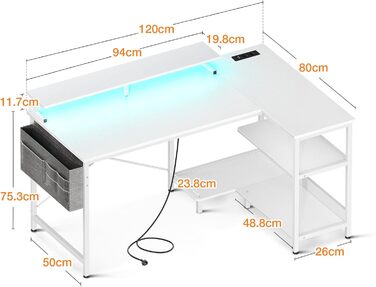 Геймерський стіл Coleshome L-подібний з LED-підсвіткою та розетками, 120x80 см, кутовий письмовий стіл із полицею, реверсивний, підставка для монітора, для офісу чи кабінету, білий