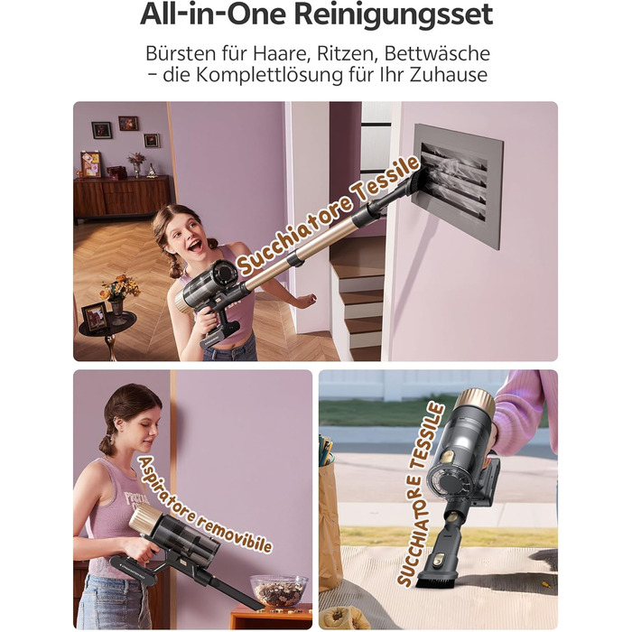 Бездротовий пилосос Ultenic з акумулятором, 50000Pa, 65 хв роботи, GreenEye, телескопічна труба, 6-ступенева фільтрація, антизаплутувальна щітка, для шерсті тварин/килимів/твердих поверхонь, колір шампань