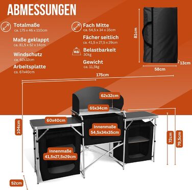 Складний шафа для кемпінгу з робочою поверхнею та полицями для кухні, похідний стіл для кемпінгу, причіп, 175x104x52 см