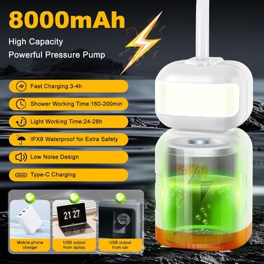 Портативна душова система для кемпінгу з акумулятором 8000mAh, LED-підсвічуванням, 4 режимами розпилення, IPX7 водонепроникність, жовта