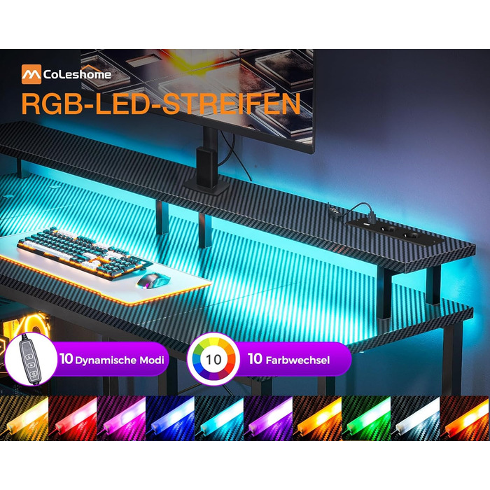 Ігровий стіл Coleshome з LED-підсвічуванням, 120x50 см, з USB та розетками, з підставкою для монітора та місцем для зберігання