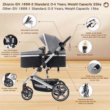 Дитяча коляска 3 в 1, система подорожей з автокріслом, візок з регульованими підлокітниками, комбінована коляска з дощовиком, москітна сітка, алюмінієвий каркас, прогулянкова коляска для 0-4 роки, чорний (SK21-Blau)