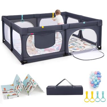 Дитячий манеж COSTWAY Laufstall з матрацом 189 x 158 см, з 50 м'ячиками та 4 ручками, дитяче огородження, намет-манеж з дихаючою сіткою для малюків (темно-сірий)