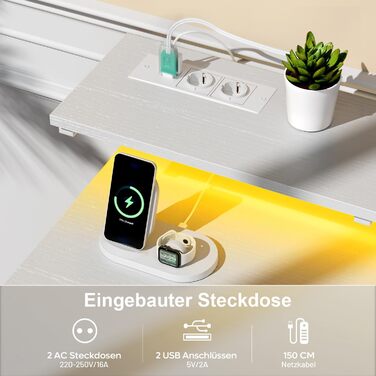 Комп'ютерний стіл з 8 висувними ящиками, 2 розетками та USB-портами, LED-підсвічуванням та підставкою для монітора, 120 x 50 x 74 см, білий