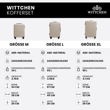 Набір валізWITTCHEN 3в1: велика, середня, маленька. Жорсткий корпус ABS, 4 колеса, кодовий замок. Підходить для Lufthansa, Eurowings, Ryanair, Condor. Бежевий колір.