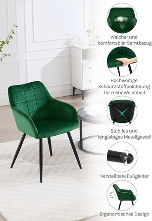 Крісла для їдальні WOLTU, крісла для кухні, м'які крісла з підлокітниками, 8 шт., темно-зелений, з велюровою оббивкою та металевими ніжками