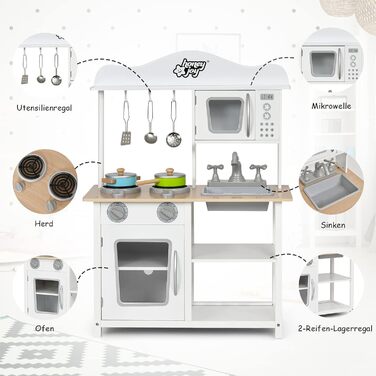 Дитяча кухня дерев'яна, з аксесуарами, мийка, духовка, мікрохвильова піч, плита, кухонний гарнітур, білий