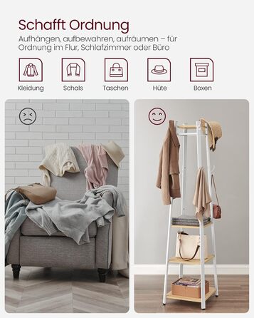 Стійка для одягу VASAGLE з 8 гачками, 4 полицями та вішалкою, металевий каркас, для шалей, курток, сумок, для прихожого, золотий дуб + білий, LCR080W09