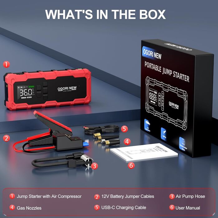 Powerbank з компресором Starthilfe для автомобіля, 6000A, LED ліхтарик, 12V, для 8L бензину/10L дизеля