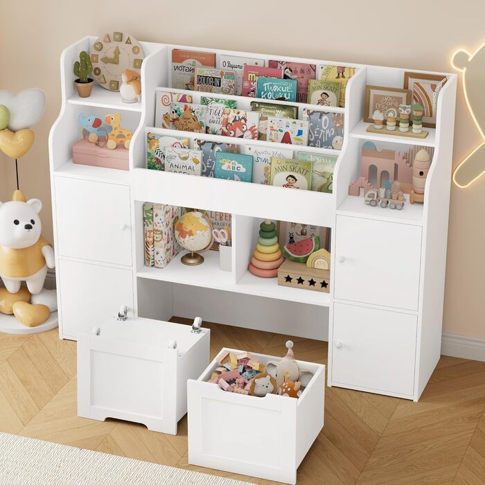 FOREHILL Дитяча полиця-стелаж для іграшок та книг, меблі для дитячої кімнати з ящиками, 122 x 30 x 100 см (білий)