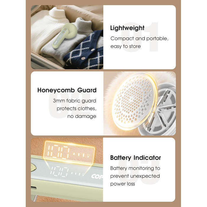 Електричний триммер для одягу COPPA, 6 лез, 3 швидкості, перезаряджається, з індикатором заряду, для пуловерів та одягу, білий (зелений)