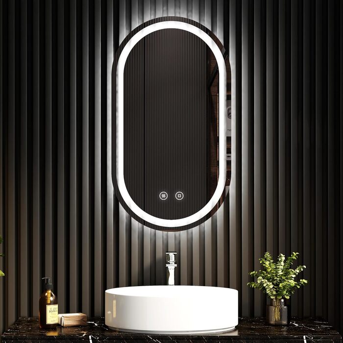 Дзеркало для ванної кімнати EMKE з підсвічуванням 50x90 см, овальне, з сенсорним перемикачем, 3 кольори світла, регулювання яскравості, антизапарник, функція пам'яті, автоматичне вимкнення через 3 години