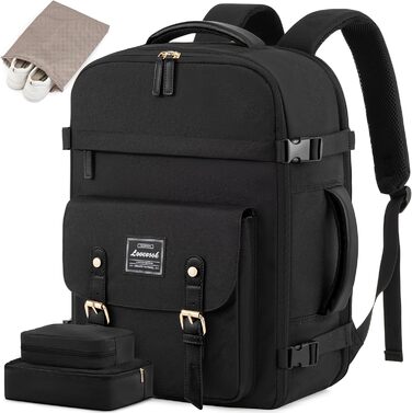 LOVEVOOK Рюкзак для ручної поклажі, жіночий рюкзак для подорожей, водонепроникний рюкзак для ноутбука 17 дюймів, шкільний рюкзак для жінок/студенток, чорний/коричневий (45x32x15 см)