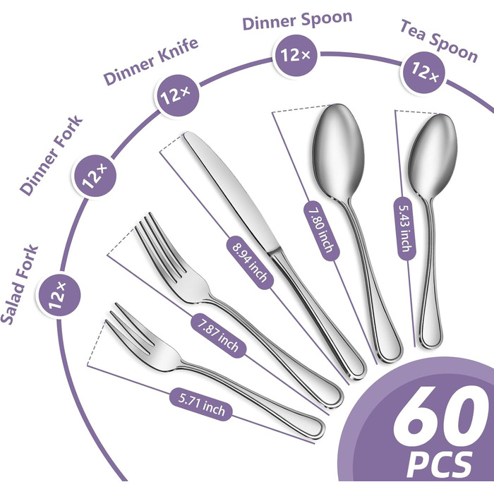 Гіфкомда 60 шт. Набір столових приборів з нержавіючої сталі на 12 осіб, високополірований, можна мити в посудомийній машині