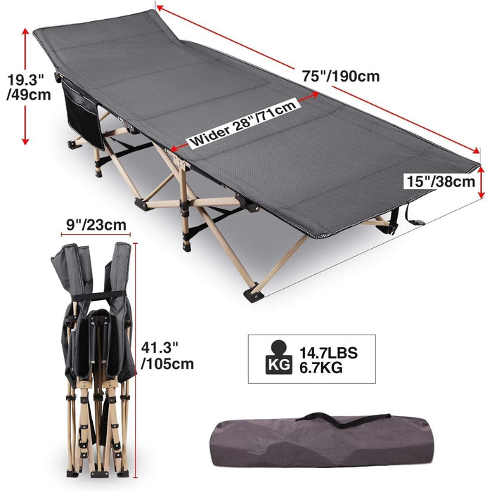 Розкладне кемпінгове ліжко REDCAMP XXL, посилене ліжко для відпочинку (ширина 71 см, навантаження до 226 кг), сіро-чорне