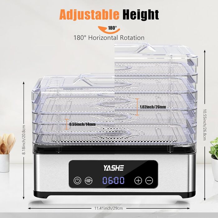 Електричний дегідратор YASHE з нержавіючою сіткою, 5-ярусний, 400W, з таймером для м'яса, фруктів, овочів, трав та собачих ласощів. 5 ярусів з нержавіючої сталі