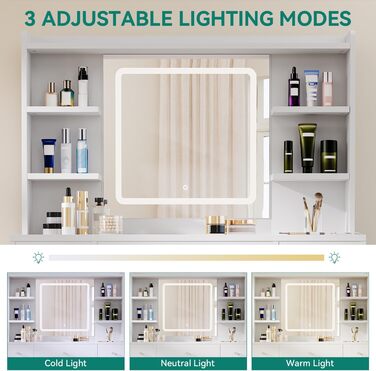 Туалетний столик YITAHOME з підсвічуванням та дзеркалом, з пуфом, 4 шухляди, відкриті полиці, чорний (білий, 9 шухляд)