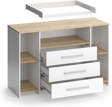 Комод-ліжечко Vicco Oskar з пеленальним столиком, сірий, 143 x 100 см XL з ящиками, білий/сірий (білий/золотий дуб)