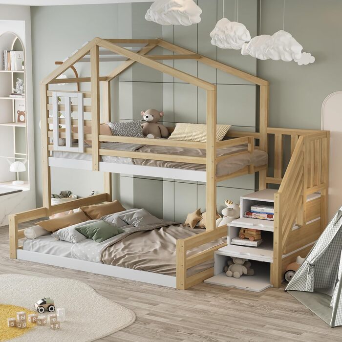 Двоярусне ліжко 90x200 та 140x200 см, дитяче ліжко-горище з місцем для зберігання, сходами та дахом, ліжко-будиночок з вікном, з ламелями та захистом від падіння, без матраца, натуральне дерево